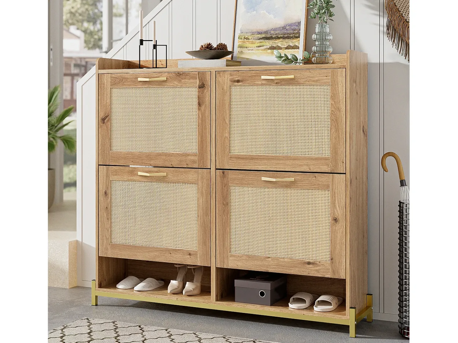Mueble para zapatos moderno - con puertas de ratán - 4 puertas - estructura metálica - color natural