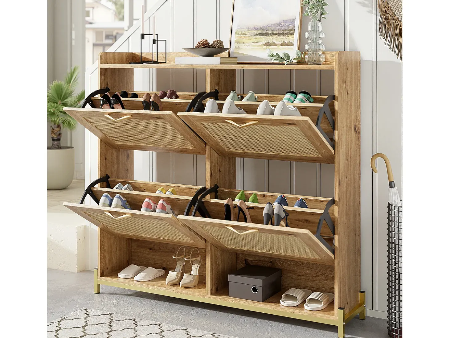 Mueble para zapatos moderno - con puertas de ratán - 4 puertas - estructura metálica - color natural