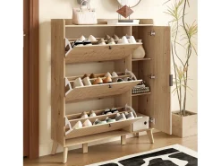 Mueble para zapatos moderno 110×24×137,5 cm - con 3 puertas abatibles - con espejo - Patas de madera maciza - Natural