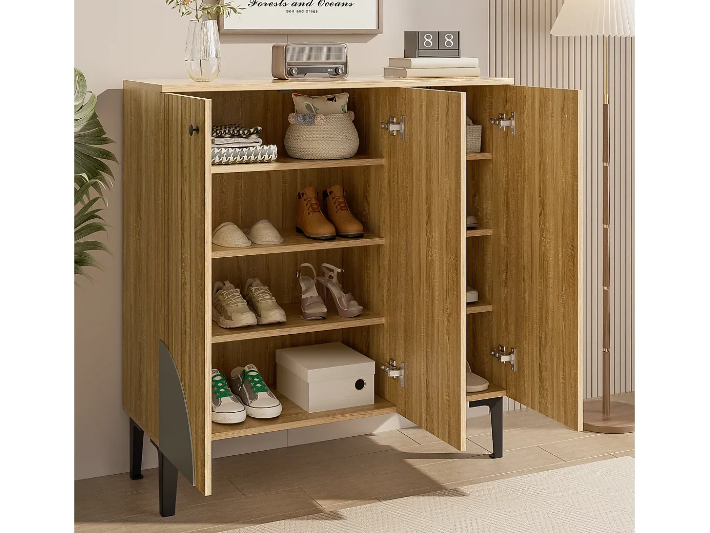 Mueble para zapatos moderno 90x32x94 cm - con 3 puertas - Estantes de varios niveles - aspecto madera - Paneles de partículas - Natural