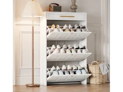 Mueble para zapatos moderno 70x25x123,5 cm - 3 puertas abatibles y 1 cajón - 6 estantes - MDF - Blanco
