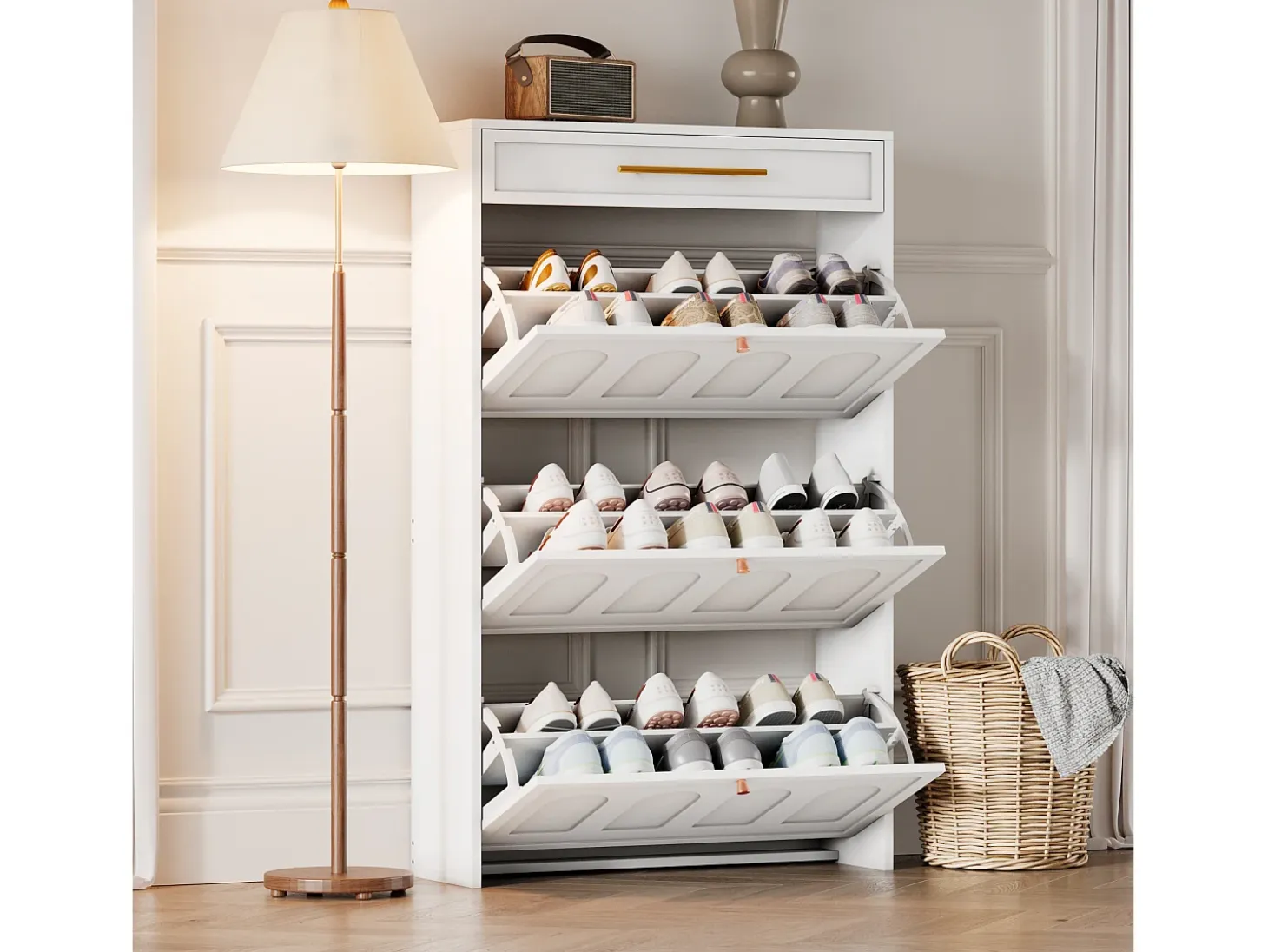 Mueble para zapatos moderno 70x25x123,5 cm - 3 puertas abatibles y 1 cajón - 6 estantes - MDF - Blanco