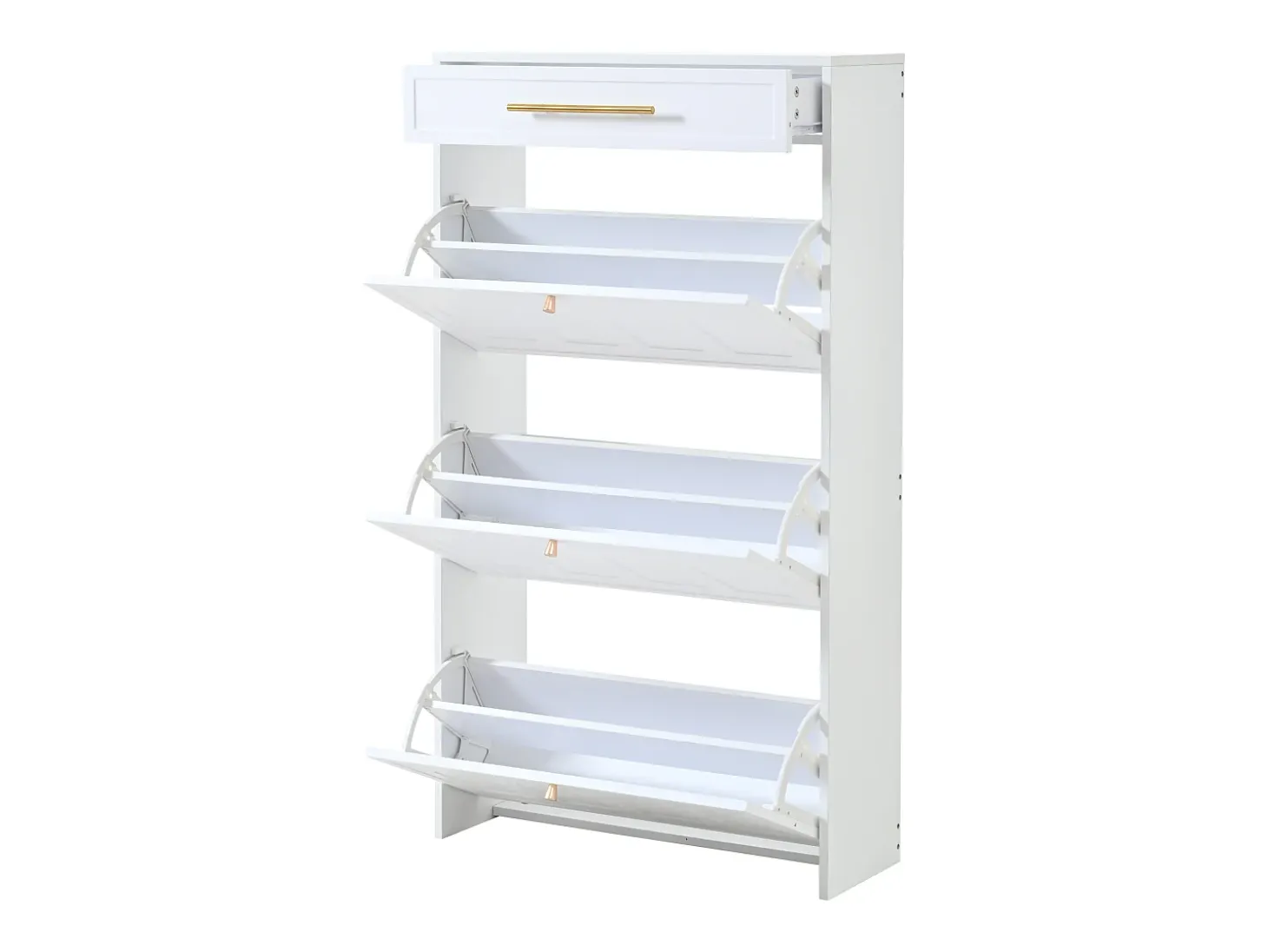 Mueble para zapatos moderno 70x25x123,5 cm - 3 puertas abatibles y 1 cajón - 6 estantes - MDF - Blanco