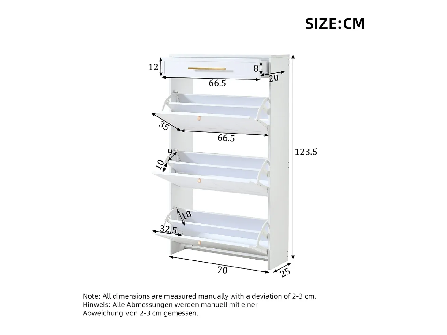 Mueble para zapatos moderno 70x25x123,5 cm - 3 puertas abatibles y 1 cajón - 6 estantes - MDF - Blanco
