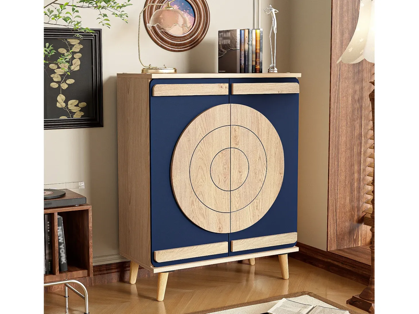 Mueble para zapatos moderno 76x37x98,5 cm - con 2 puertas - Almacenamiento multinivel - Patas de madera - Azul y natural