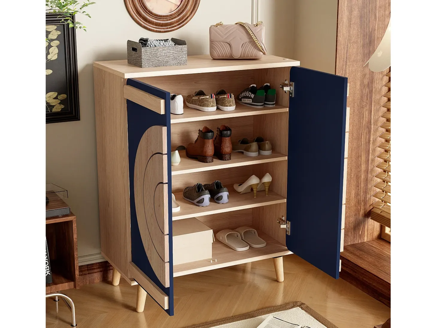 Mueble para zapatos moderno 76x37x98,5 cm - con 2 puertas - Almacenamiento multinivel - Patas de madera - Azul y natural