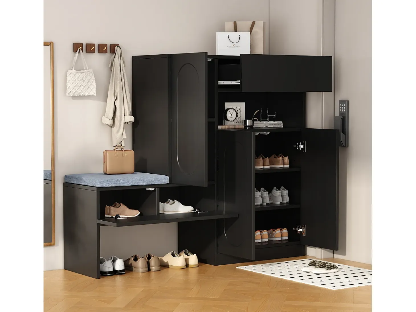 Mueble para zapatos multifuncional - con asiento acolchado - con 4 puertas y 1 cajón - Negro