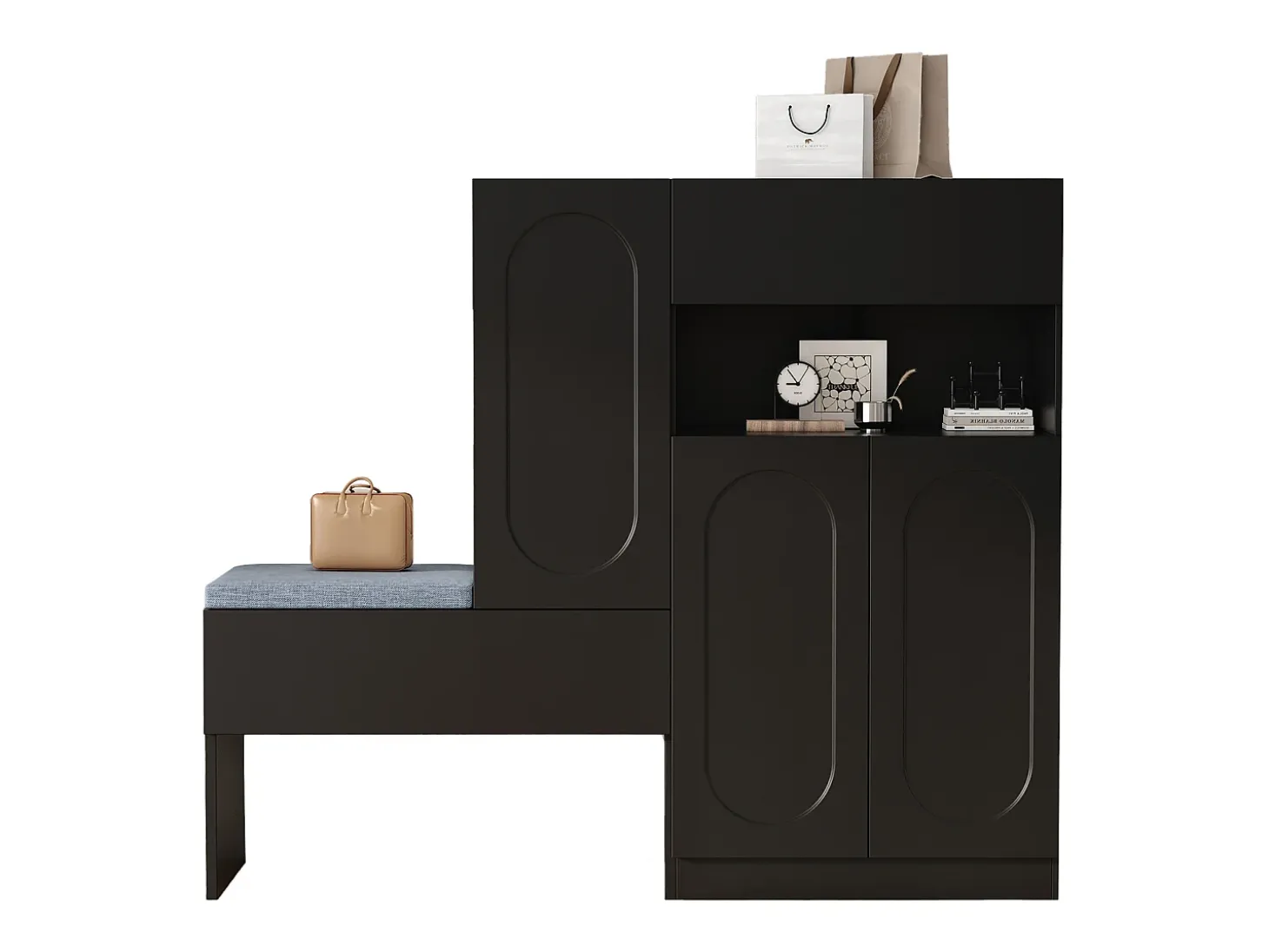 Mueble para zapatos multifuncional - con asiento acolchado - con 4 puertas y 1 cajón - Negro