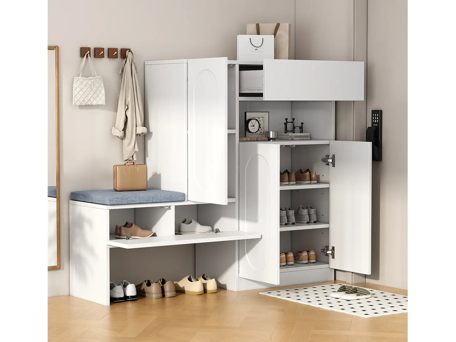 Mueble para zapatos multifuncional - con asiento acolchado - con 4 puertas y 1 cajón - Blanco