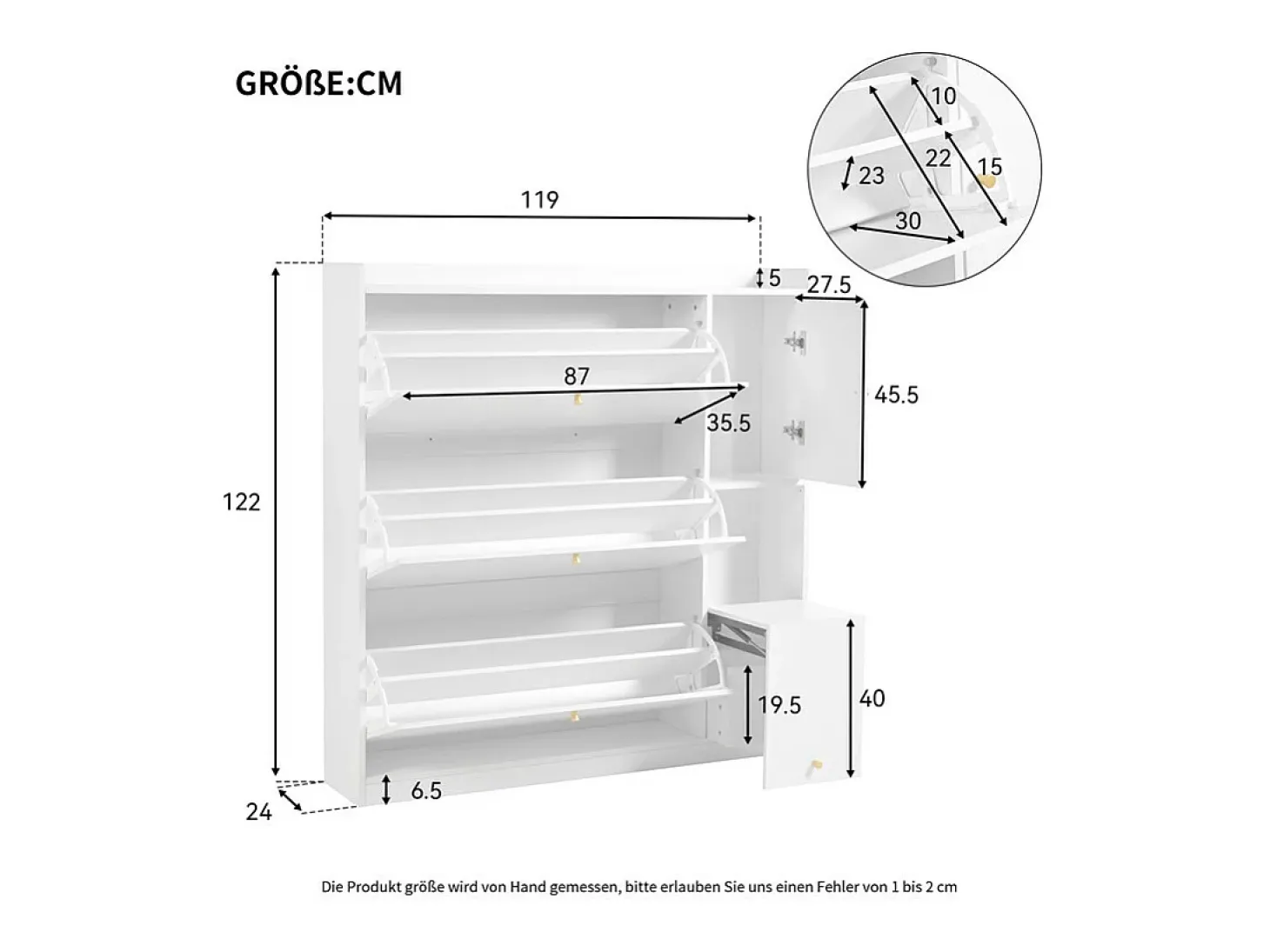 Mueble para zapatos multifuncional 119x24x122 cm - con 3 cajones plegables - con banco plegable - con una puerta - blanco