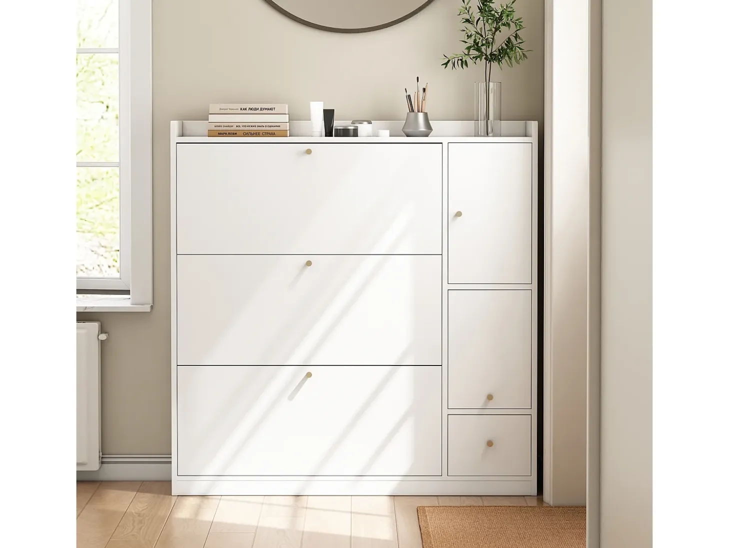 Mueble para zapatos multifuncional 119x24x122 cm - con 3 cajones plegables - con banco plegable - con una puerta - blanco