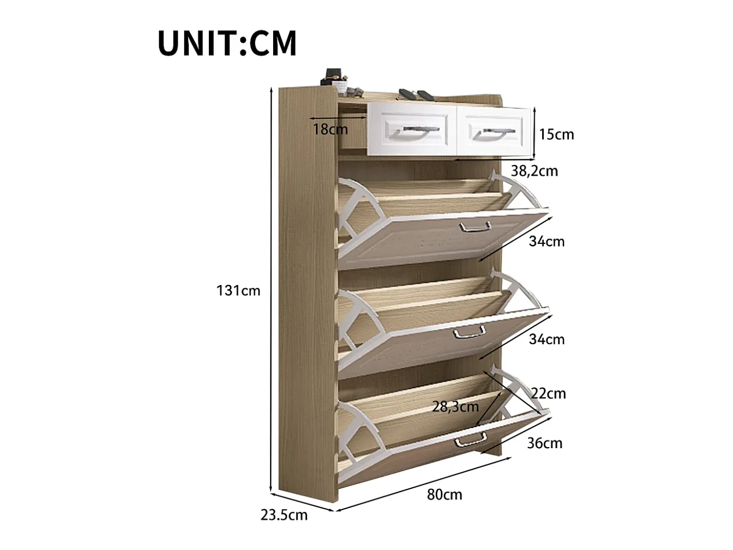 Mueble para zapatos 80x23.5x125 cm - con tres grandes frontales abatibles - con 2 cajones - blanco + natural