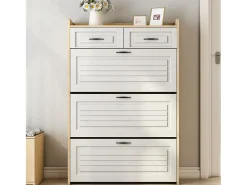 Mueble para zapatos 80x23.5x125 cm - con tres grandes frontales abatibles - con 2 cajones - blanco + natural