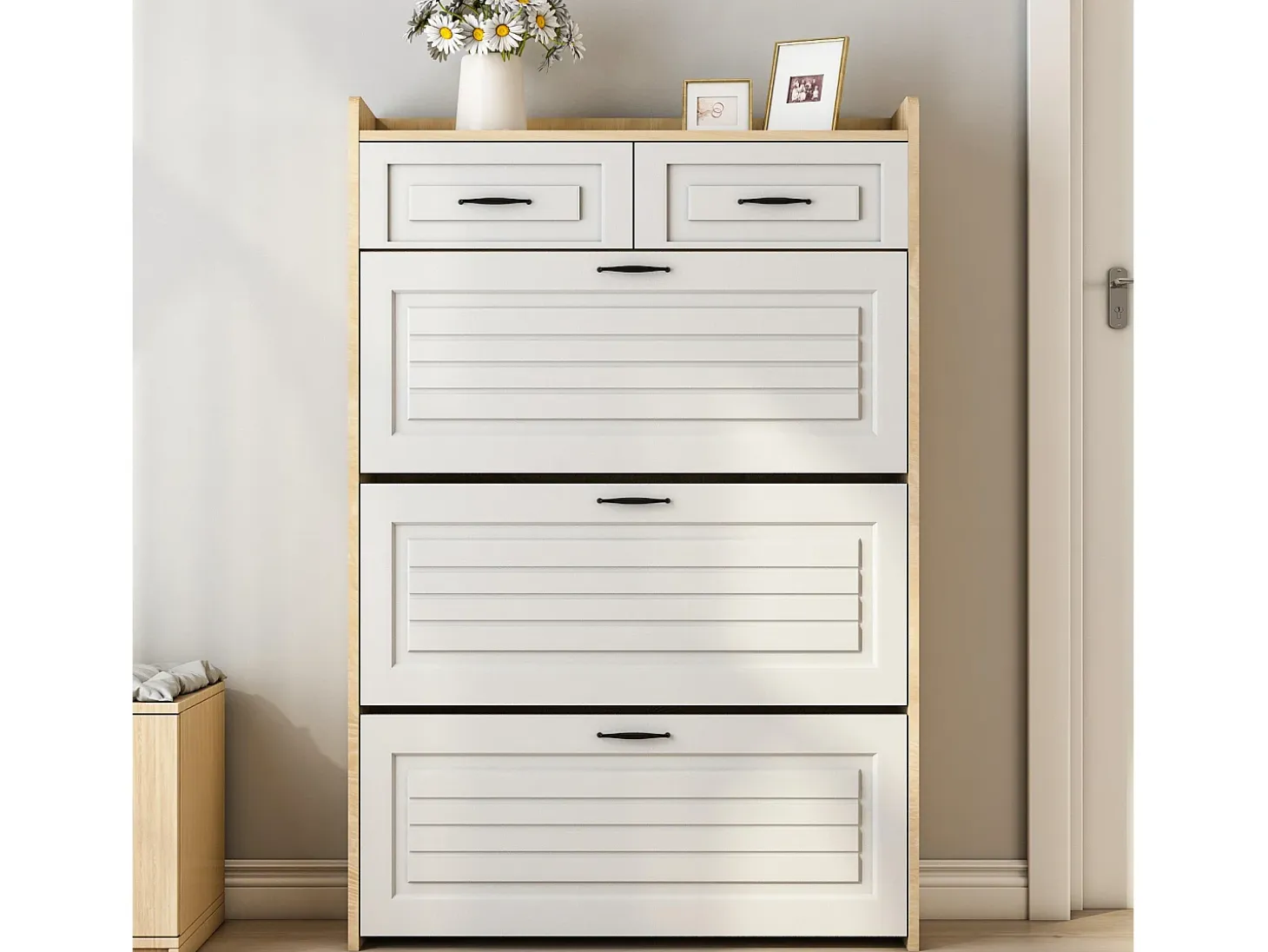 Mueble para zapatos 80x23.5x125 cm - con tres grandes frontales abatibles - con 2 cajones - blanco + natural