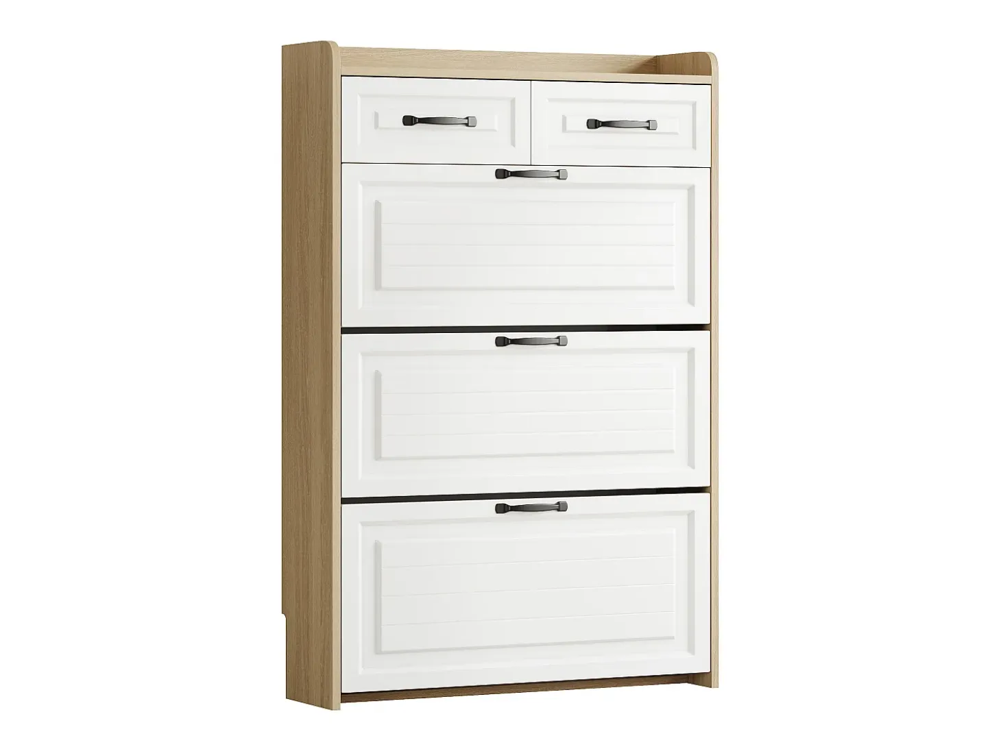 Mueble para zapatos 80x23.5x125 cm - con tres grandes frontales abatibles - con 2 cajones - blanco + natural