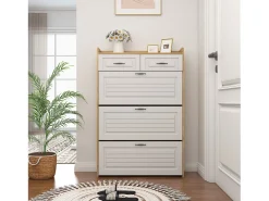 Mueble para zapatos 80x23.5x125 cm - con tres grandes frontales abatibles - con 2 cajones - blanco + natural
