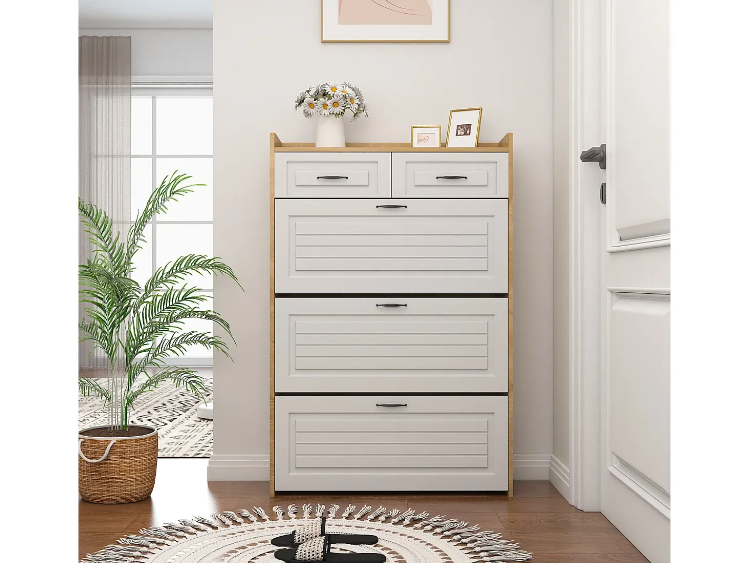 Mueble para zapatos 80x23.5x125 cm - con tres grandes frontales abatibles - con 2 cajones - blanco + natural