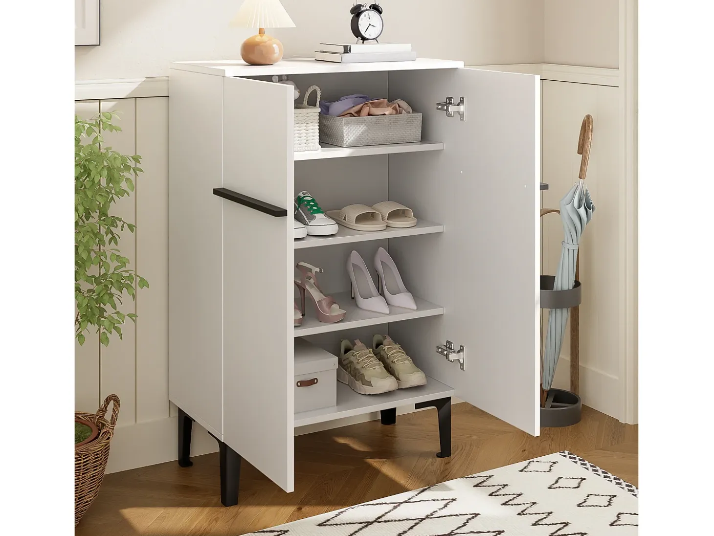 Mueble para zapatos 95x60x34,5 cm - 2 puertas - Estantes ajustables - Acabado de madera - Paneles de partículas - Blanco