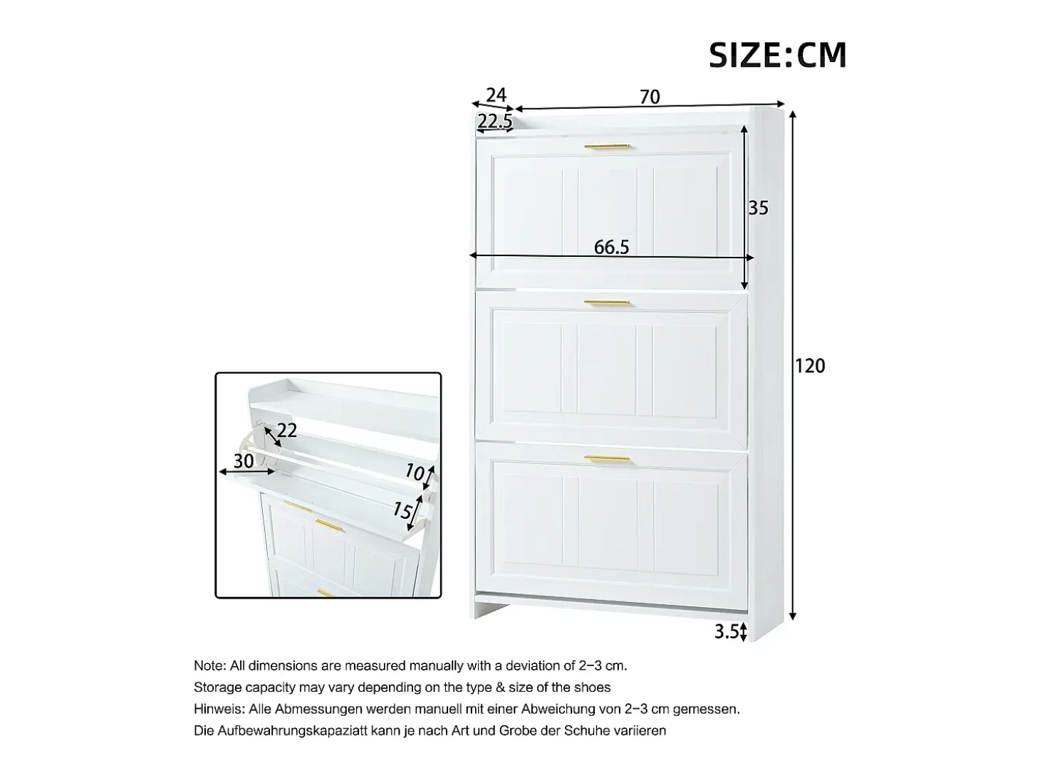 Mueble para zapatos 70x24x120 cm - 3 puertas abatibles - 6 compartimentos - MDF y tableros de partículas - Blanco