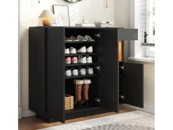 Mueble para zapatos 105x39.5x100.5 cm - 1 cajón y 3 puertas - con iluminación LED - con estantes ajustables - Negro y natural