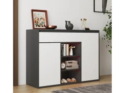 Mueble para zapatos 105x39.5x86 cm - 2 puertas y 1 cajón - Con iluminación LED - Con estantes regulables - Blanco + Negro