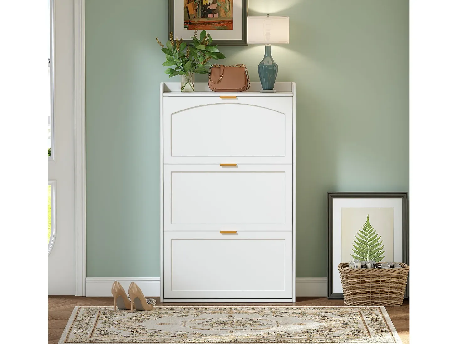 Mueble para zapatos 76x23x118cm - con 3 grandes puertas deslizantes - blanco