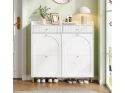 Mueble para zapatos 106.5x25x105.5cm - con 4 puertas abatibles y 2 cajones - blanco