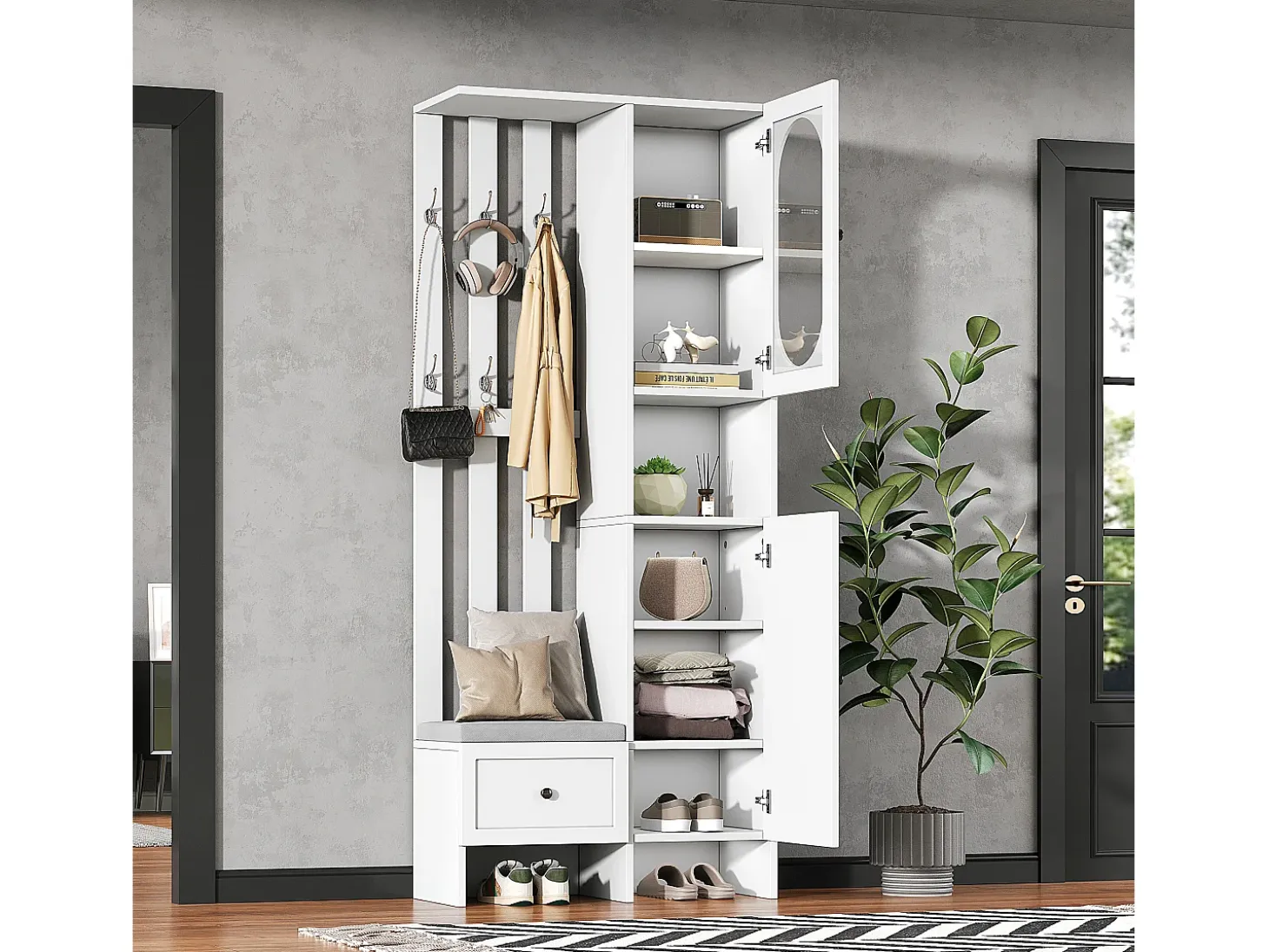 Mueble recibidor compacto con 2 puertas, cristal templado y banco, tablero de partículas, blanco (85x33,5x200cm)