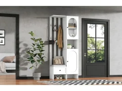 Mueble recibidor compacto con 2 puertas, cristal templado y banco, tablero de partículas, blanco (85x33,5x200cm)