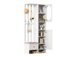 Mueble recibidor compacto con 2 puertas, cristal templado y banco, tablero de partículas, blanco (85x33,5x200cm)