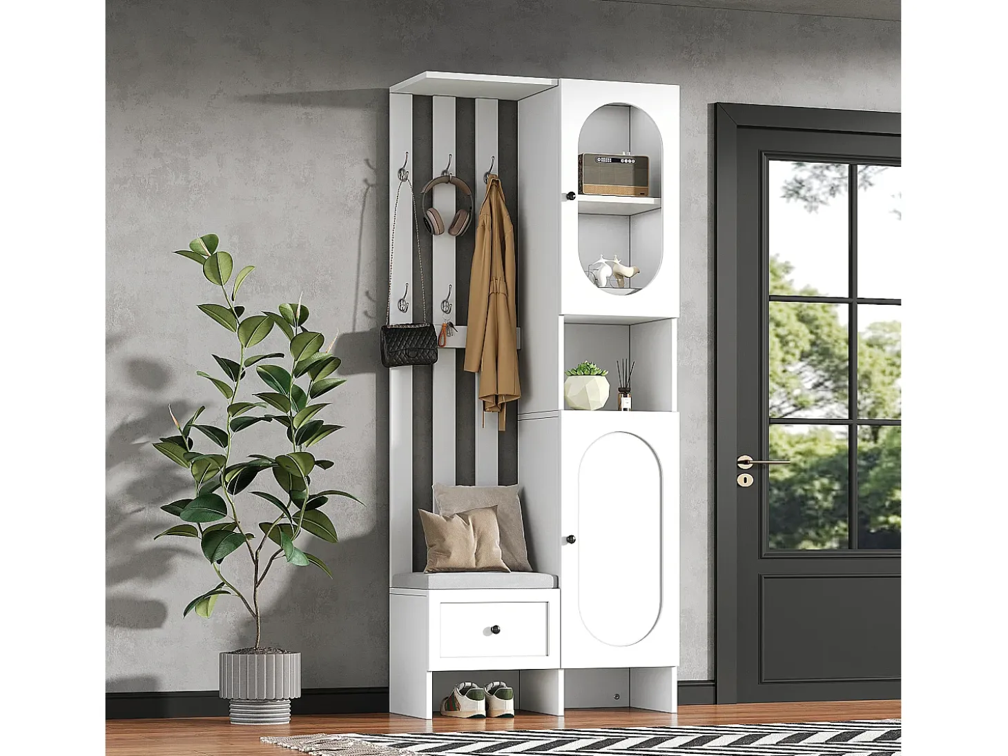 Mueble recibidor compacto con 2 puertas, cristal templado y banco, tablero de partículas, blanco (85x33,5x200cm)