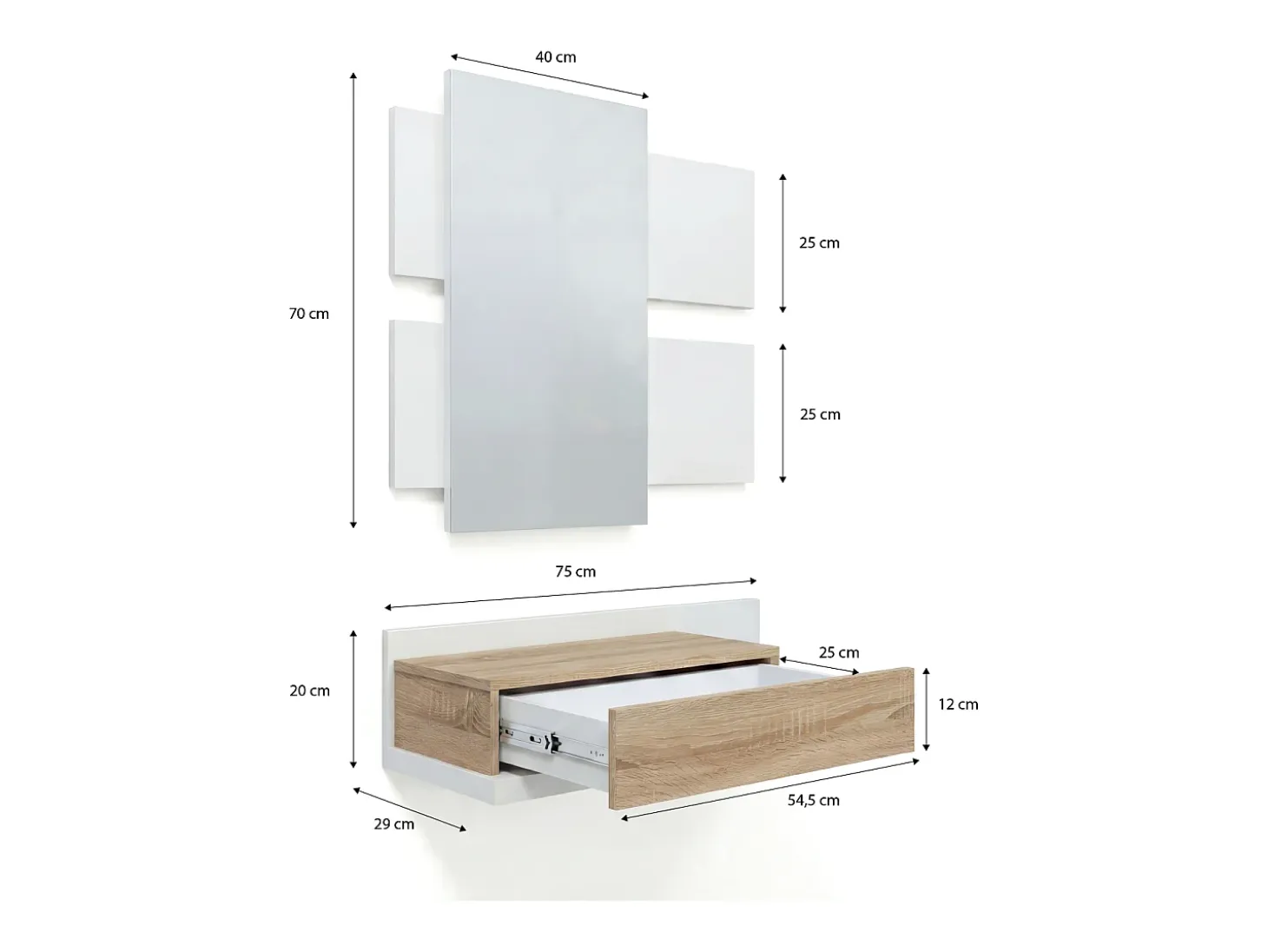 Mueble recibidor con 1 cajón y espejo en blanco mate y roble canadian 75 cm Milo Blanco Artik (Blanco Mate) - Roble Canadian
