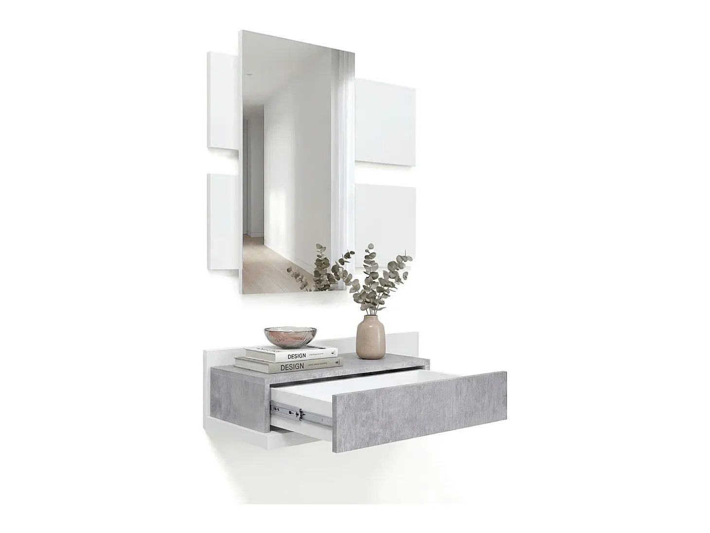 Mueble recibidor con 1 cajón y espejo en blanco mate y gris cemento 75 cm Milo Blanco Artik (Blanco Mate) - Gris Cemento