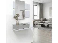 Mueble recibidor con 1 cajón y espejo en blanco mate y gris cemento 75 cm Milo Blanco Artik (Blanco Mate) - Gris Cemento