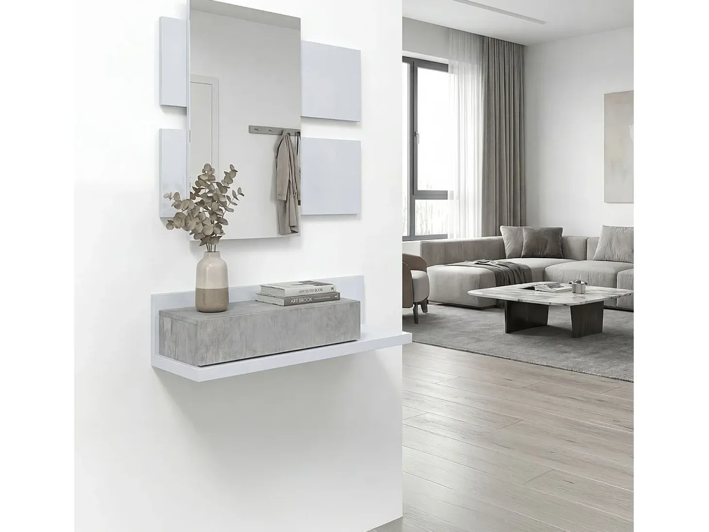 Mueble recibidor con 1 cajón y espejo en blanco mate y gris cemento 75 cm Milo Blanco Artik (Blanco Mate) - Gris Cemento