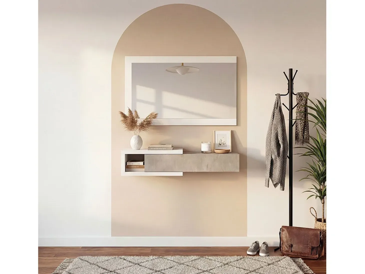 Mueble recibidor con 1 cajón y espejo en blanco mate y gris cemento 95 cm Derek Blanco Artik (Blanco Mate) - Gris Cemento