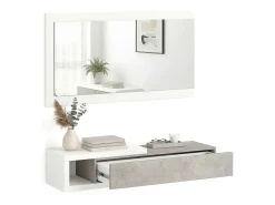 Mueble recibidor con 1 cajón y espejo en blanco mate y gris cemento 95 cm Derek Blanco Artik (Blanco Mate) - Gris Cemento