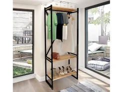 Mueble recibidor de Estilo Industrial con estantes y Barra para Colgar en melamina y Estructura de Acero en Negro (Alto 160 / Ancho 66 / Fondo 34) cm - Buyqualia