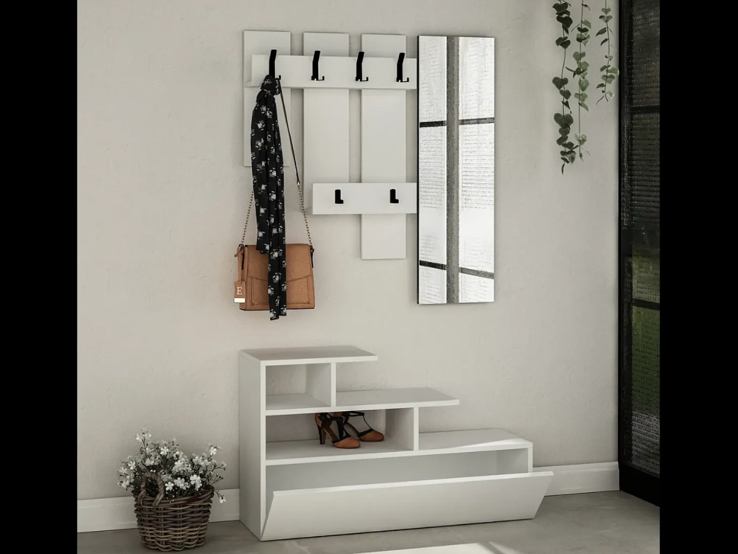 Mueble recibidor efecto madera con perchero, almacenaje y espejo MESTY