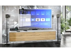 Mueble televisor Lana 140 Mueble de pared para televisión 140 x 29 x 37 cm, Cuerpo en Blanco Mate, Frentes en Roble natural | Gran variedad de colores