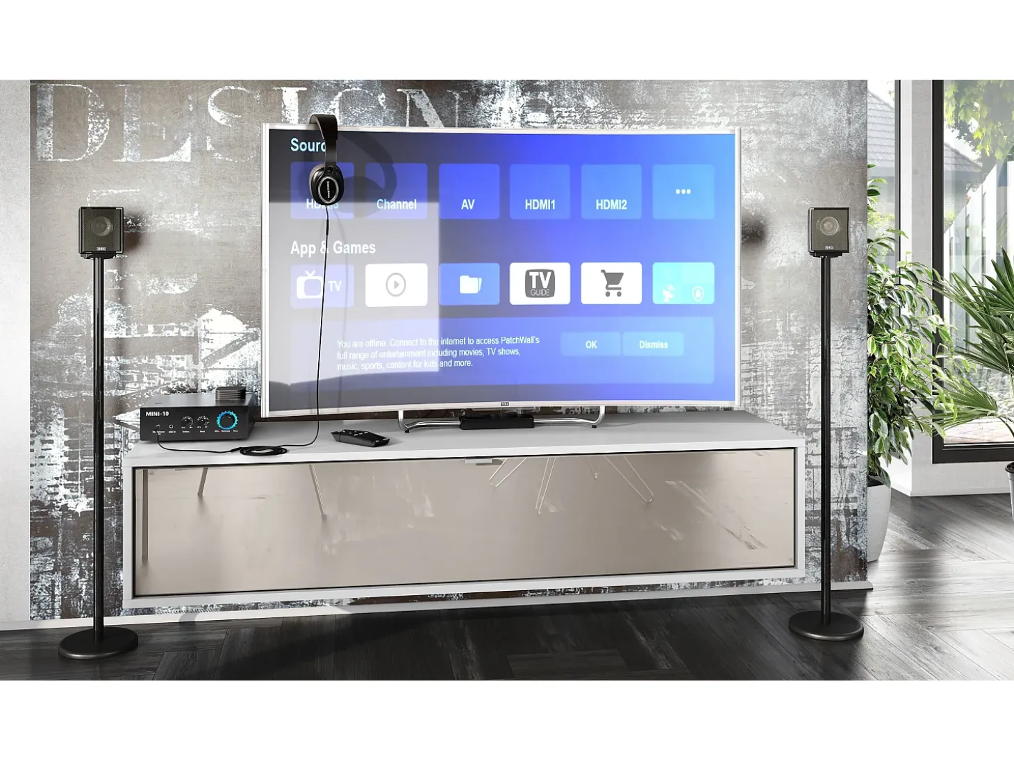 Mueble televisor Lana 140 Mueble de pared para televisión 140 x 29 x 37 cm, Cuerpo en Blanco Mate, Frentes en Gris arena de alto brillo | Gran variedad de colores