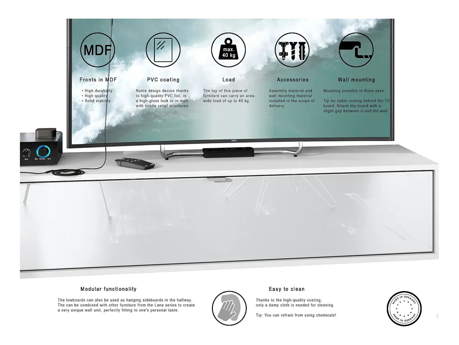 Mueble televisor Lana 140 Mueble de pared para televisión 140 x 29 x 37 cm, Cuerpo en Blanco Mate, Frentes en Gris arena de alto brillo | Gran variedad de colores