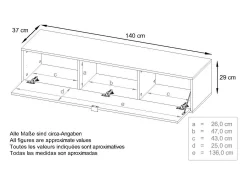 Mueble televisor Lana 140 Mueble de pared para televisión 140 x 29 x 37 cm, Cuerpo en Blanco Mate, Frentes en Gris arena de alto brillo | Gran variedad de colores
