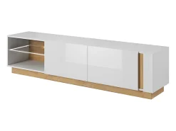 Mueble TV - 2 puertas y 2 estantes - Con LEDs - Blanco brillante y roble - MURARI