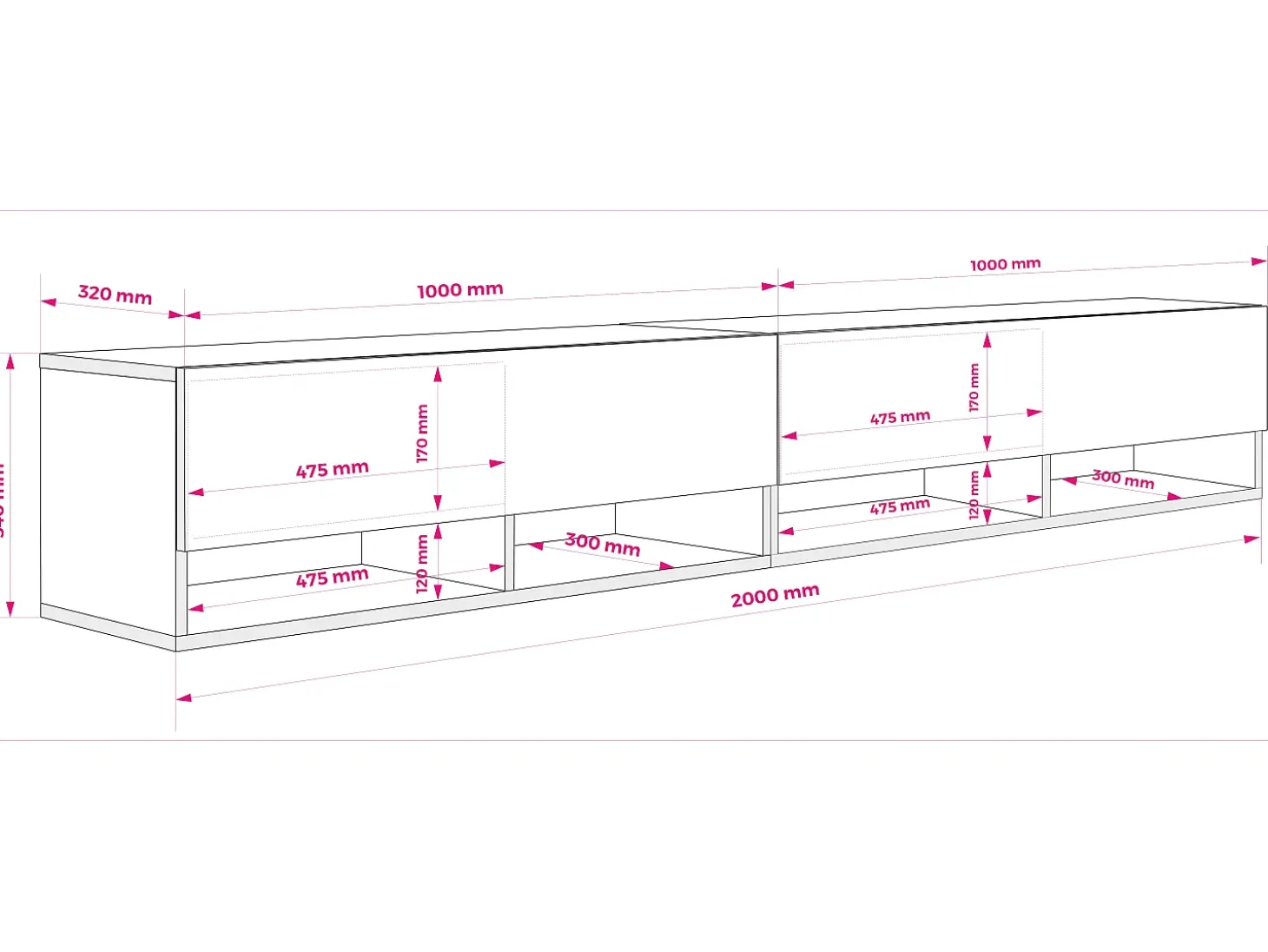 Mueble TV 200 (2 x 100) cm Blanco Mate, 200 × 32 × 34 cm