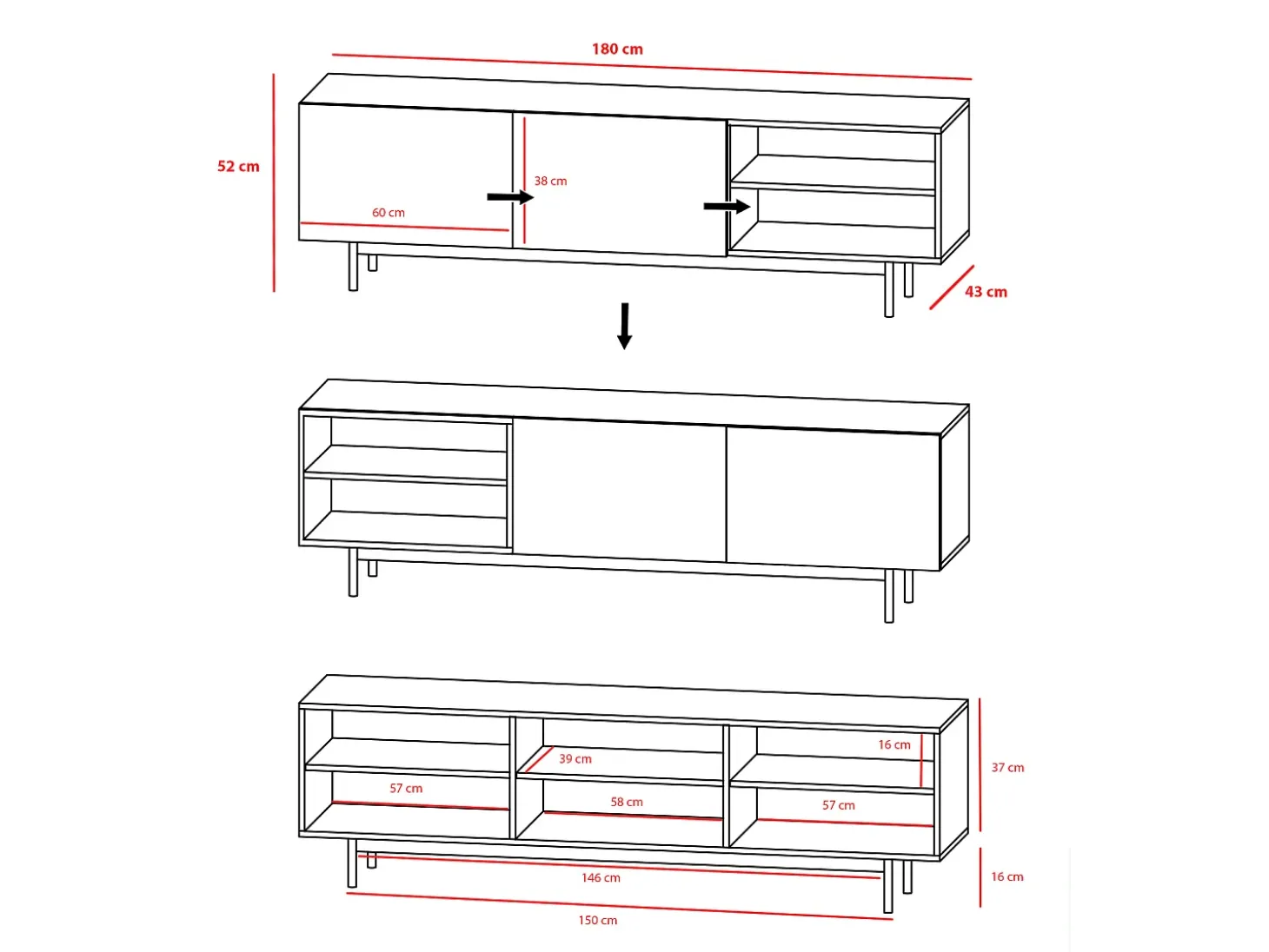 Mueble TV - A52cm x L180cm x F43cm - roble y blanco - Printed