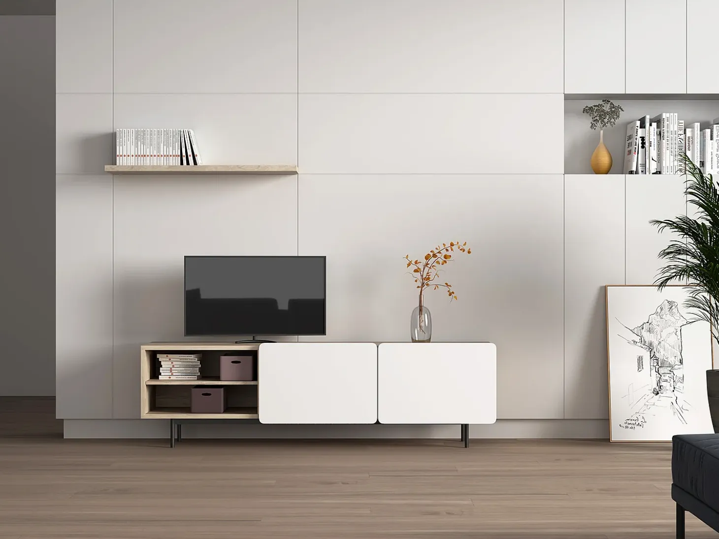 Mueble TV - A54cm x L180cm x F43cm - roble y blanco - Printed