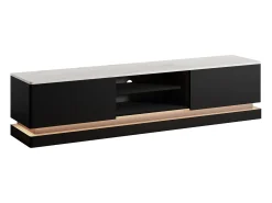 Mueble TV 2 cajones y 2 estantes con LEDs de MDF - Negro y efecto mármol blanco - DEVIKA