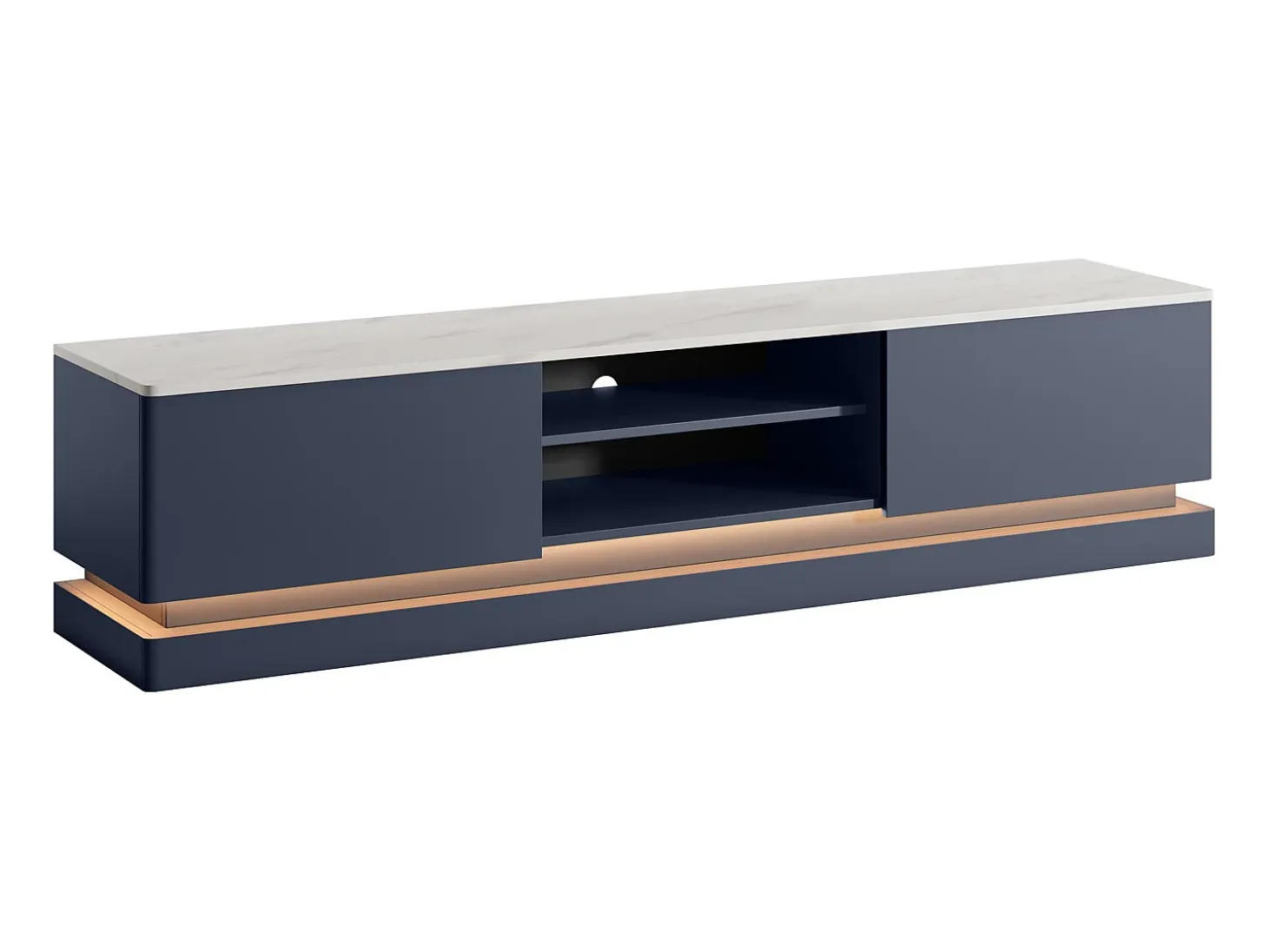 Mueble TV 2 cajones y 2 estantes con LEDs de MDF - Azul y efecto mármol blanco - DEVIKA