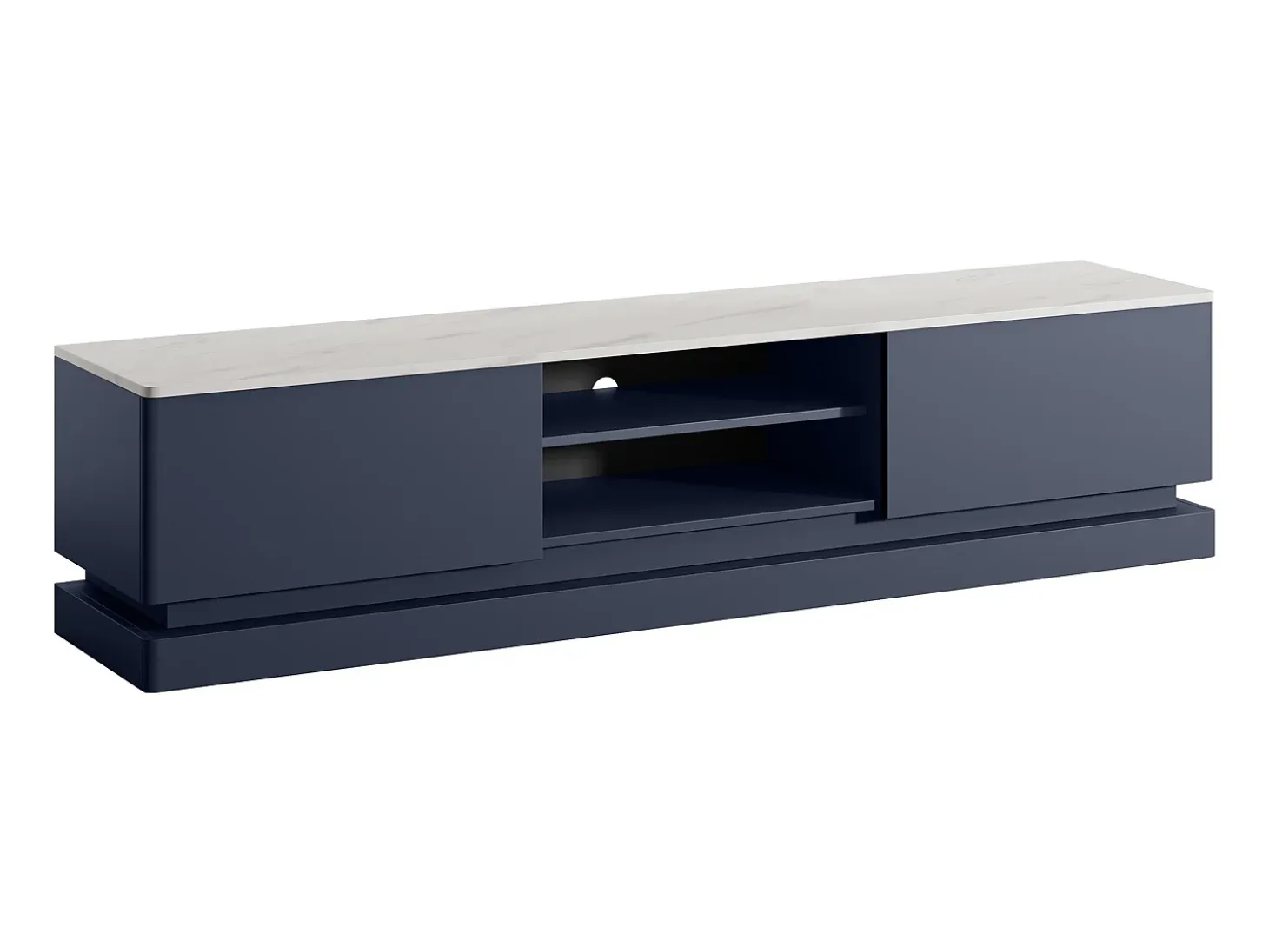 Mueble TV 2 cajones y 2 estantes con LEDs de MDF - Azul y efecto mármol blanco - DEVIKA